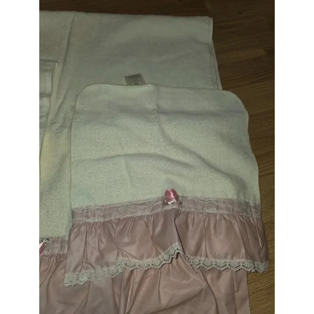 Vintage 80s Satin Lace Trim Ruffled Towel Set Pink Rosette JC Penny 3 Piece Set